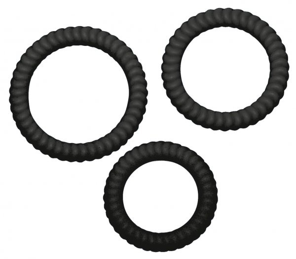 3 anneaux de pénis avec structure cannelée de 2,6, 3,0 et 3,5 cm