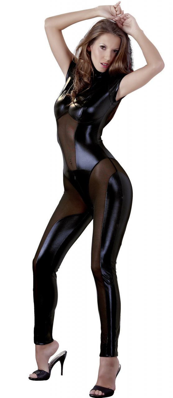 Catsuit en wetlook transparent noir et brillant
